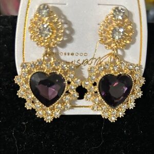 Gold and Purple Heart Drop Earrings